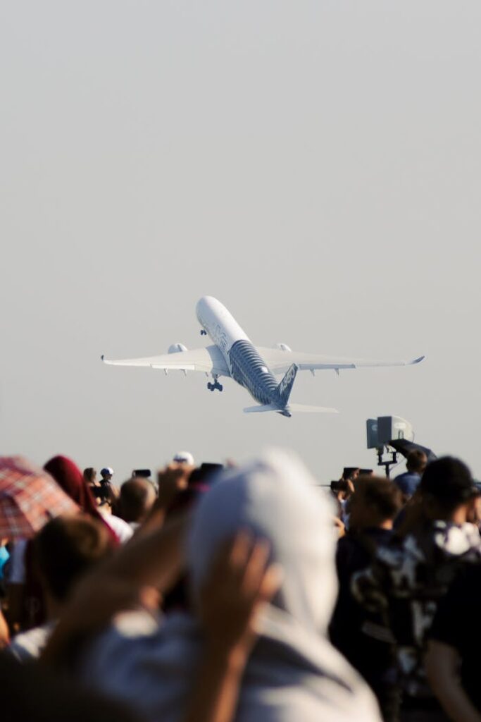 A crowd of people watching a plane take off